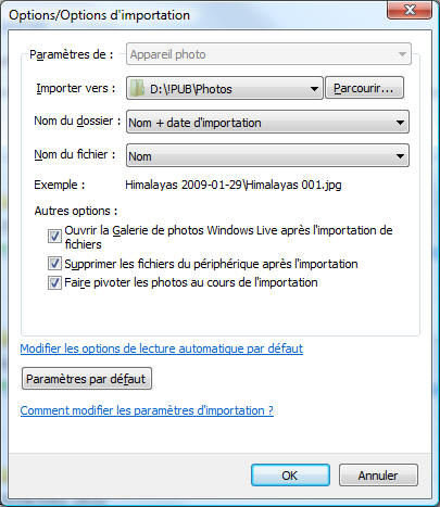 options d'importation