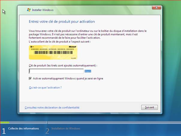 Windows Vista - Installation - Demande du num�ro de s�rie
