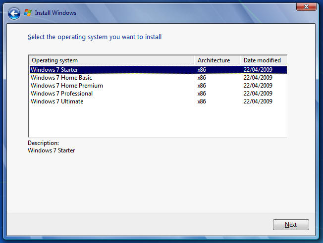 Select Windows 7 SKU