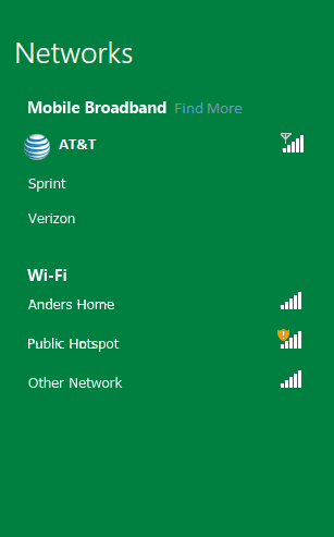 Networks settings pane Networks / Mobile broadband / AT&T (Connected icon)/ Sprint / Verizon / Wi-Fi / Anders Home (icon: signal strength good) / Public Hotspot (icon: signal strength good, but network insecure)/ Other Network (icon: signal strength good)